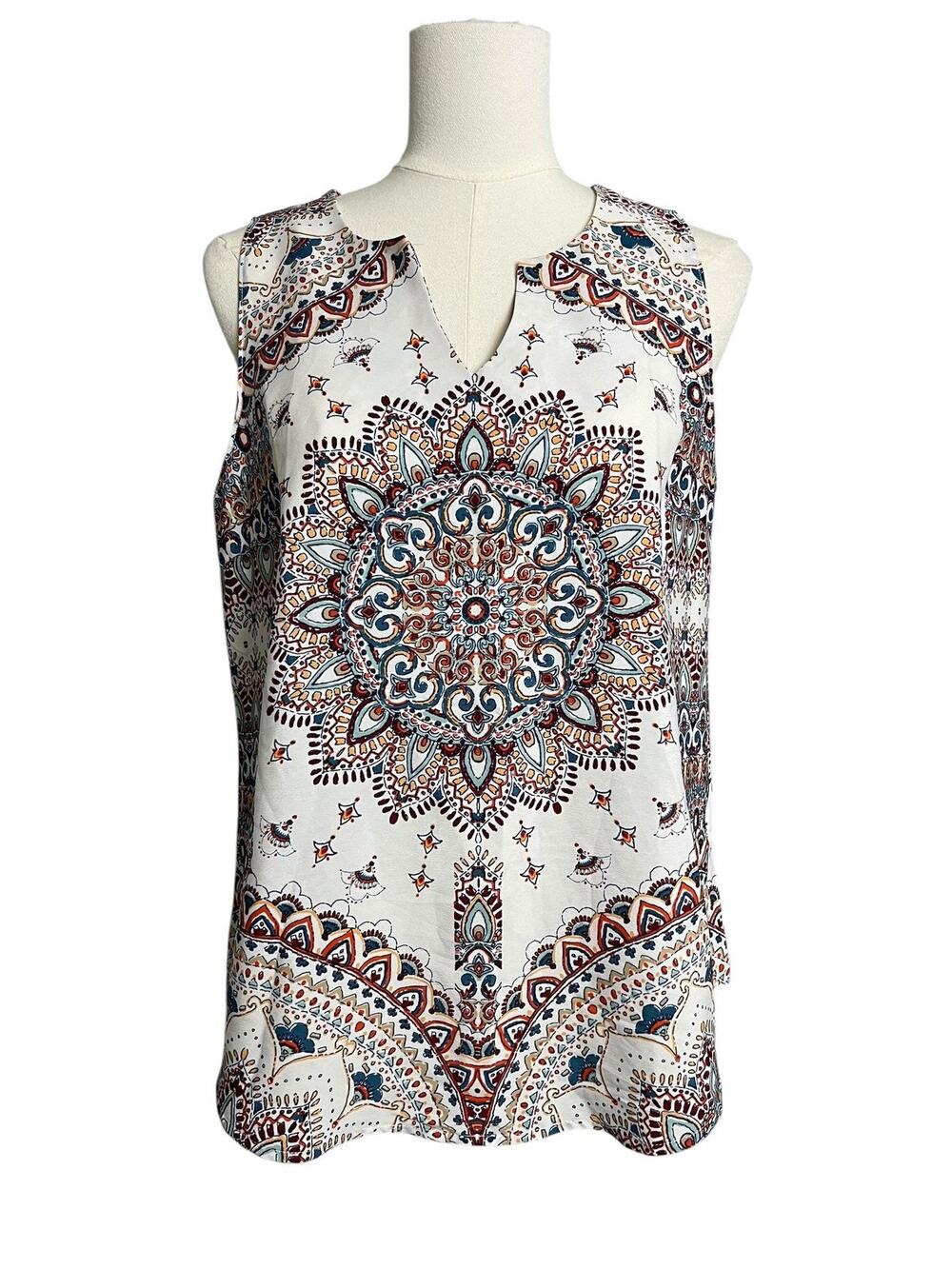 Verse Tank Top Womens Small White Boho Mandala Print V Neck Sleeveless Blouse